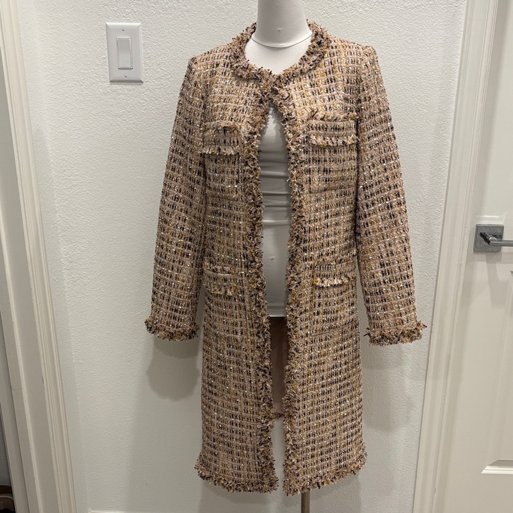 Mac Duggal Bouclé Tweed Duster Coat Metallic Fringe Trim XS NWT - Picture 2 of 8
